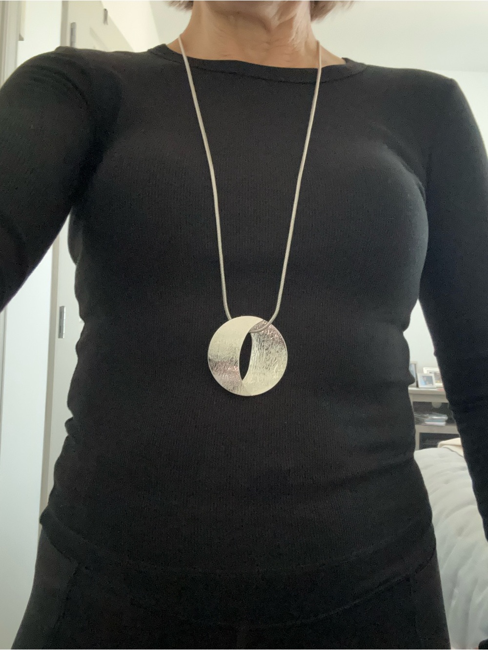 Long Silver Textured Circle Cutout Pendant Necklace